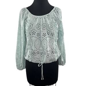 JOIE Mint Cotton Long Sleeve Eyelet Floral Blouse Prairie Blouse Tie Waist Sz M